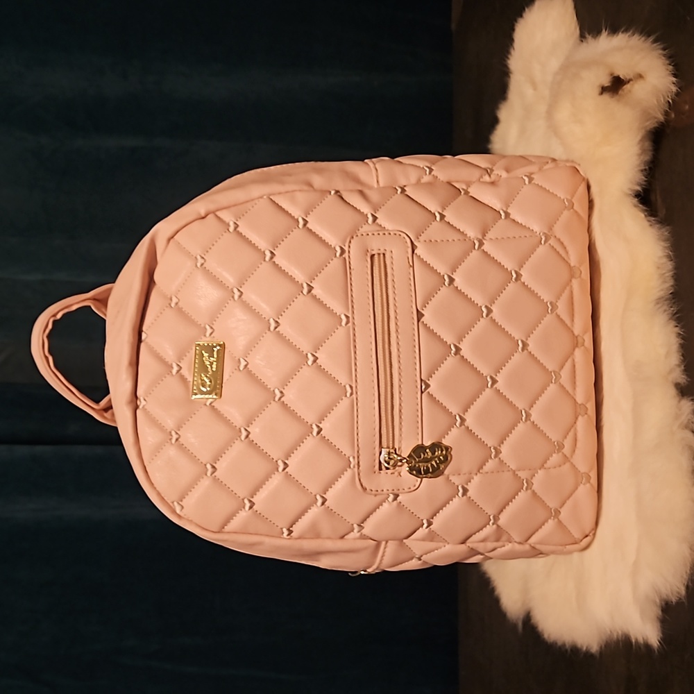Betsey Johnson Medium Quilted Pink Vegan PU Black Canvas Straps Backpack